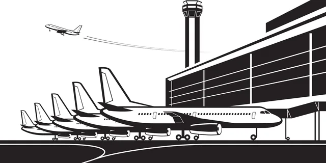 Ilustración de aviones junto a una terminal y una torre de control. Imagen ilustrativa; no muestra este aeropuerto.