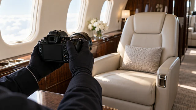 Illustrative view of discreet photography inside a private aircraft cabin