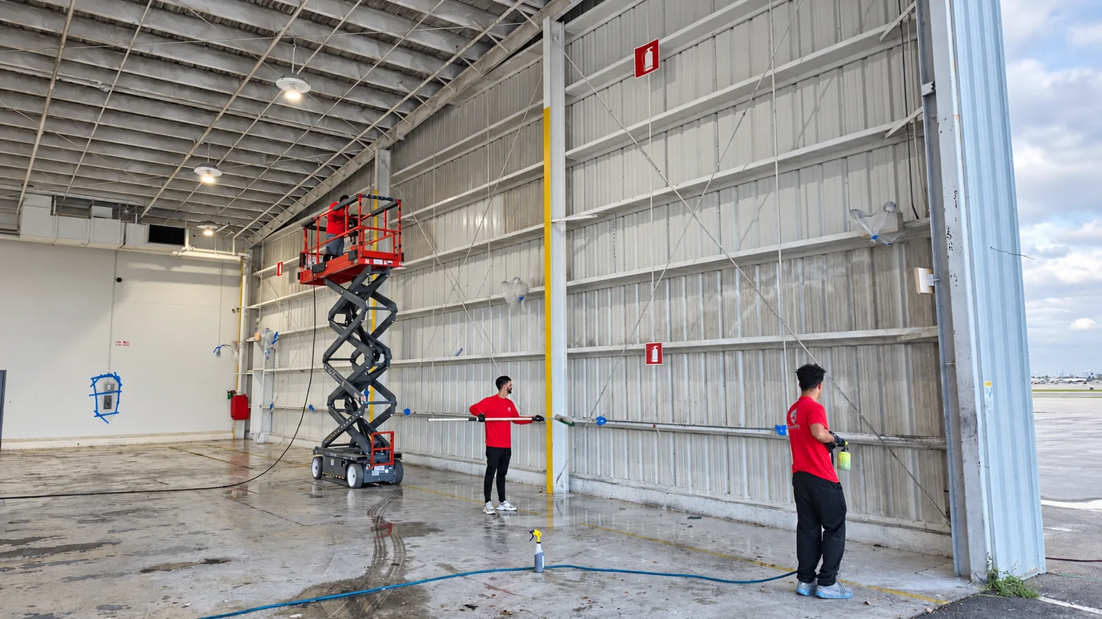 Clean Takeoff team cleaning hangar walls using brushes and a lift