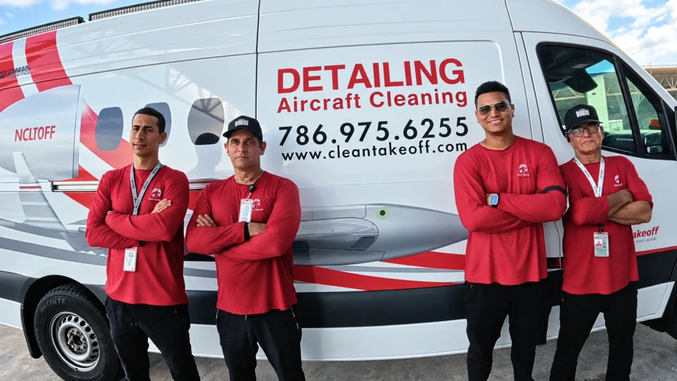 Clean Takeoff crew in front of a branded service van